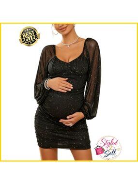 Maternity Long Sleeve Glitter Mesh V Neck Ruched Bodycon Mini Gown